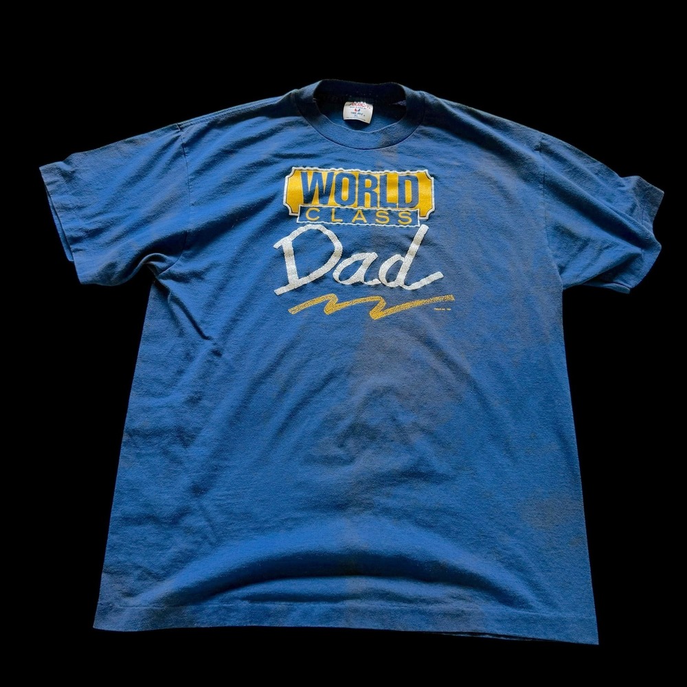 Vintage 1989 World Class Dad T Shirt XL Blue Single Stitch Distressed 80s